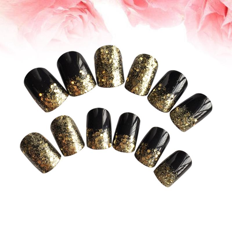 

False Nails 24pcs DIY Nail Tips Full Cover Creative Sequin Fake For Girls, Red;gold