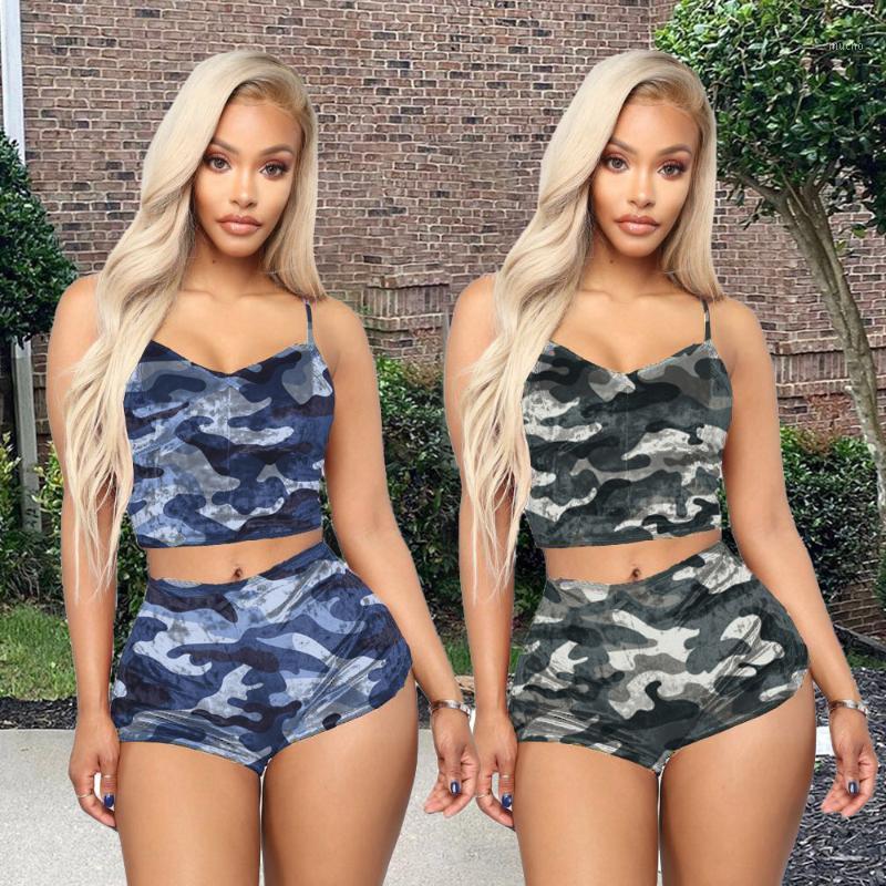 

Women' Clothing Set, Sexy Camouflage Print Camisole And Shorts Two-piece Suit For Vacation Travelling Beach Holiday Yoga Outfit, Blue