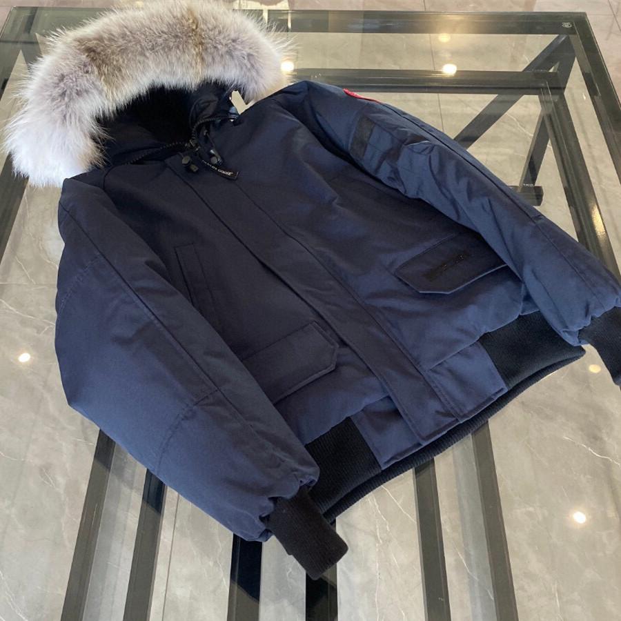 

men bomber down jacket wolf fur parkas zipper pockets warm outwear designer women buttons ruff winter coat blue, Black