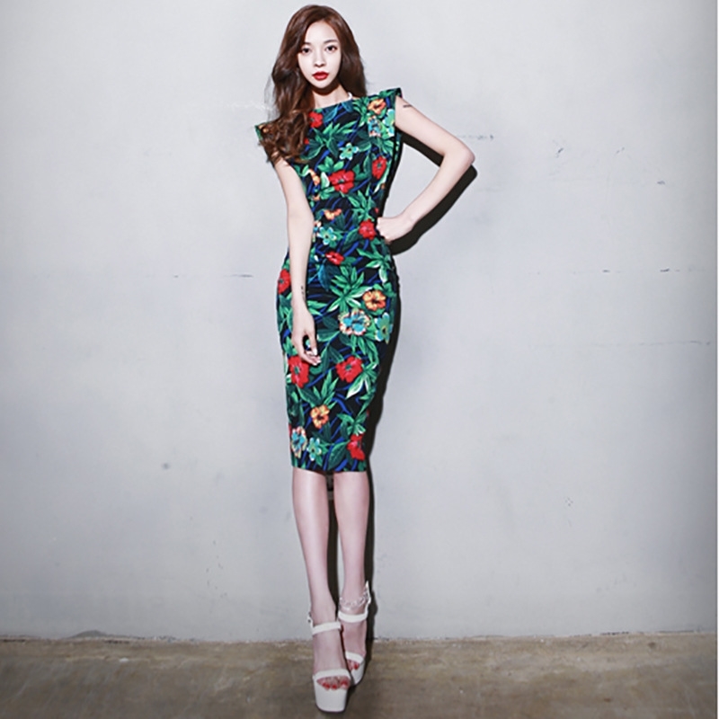 

Women's Summer Korean Style Slim Split Halter Green Leaf Red Flower Print Dress Above Knee, Mini 210603, Blue