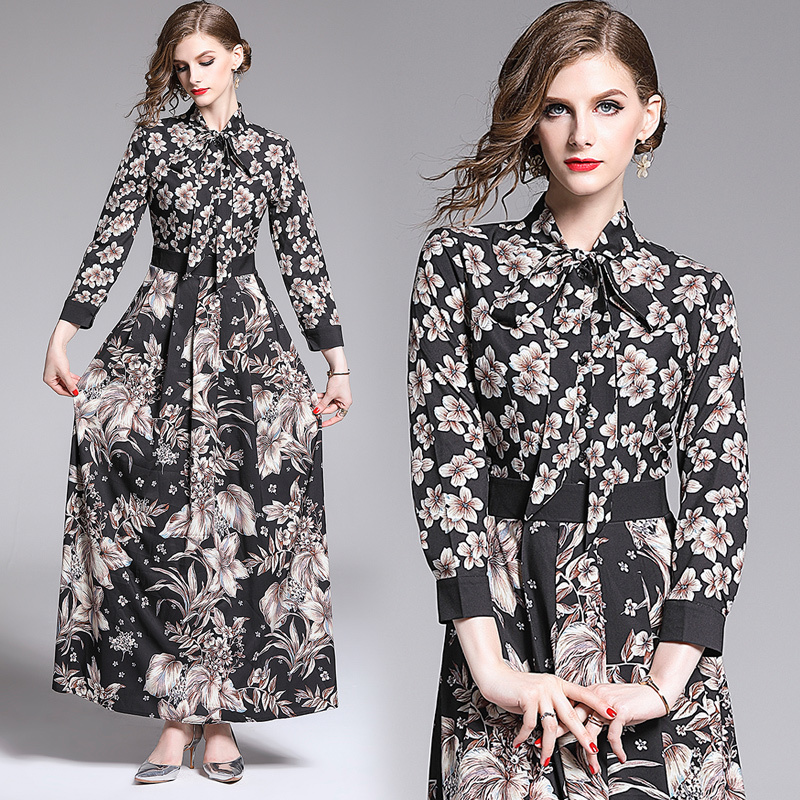 

New Arrival 2020 Spring Summer Fall Runway Flower Print Tie Neck Long Sleeve Empire Waist Women Ladies Casual Party A-Line Maxi Beach Dress, Black;gray