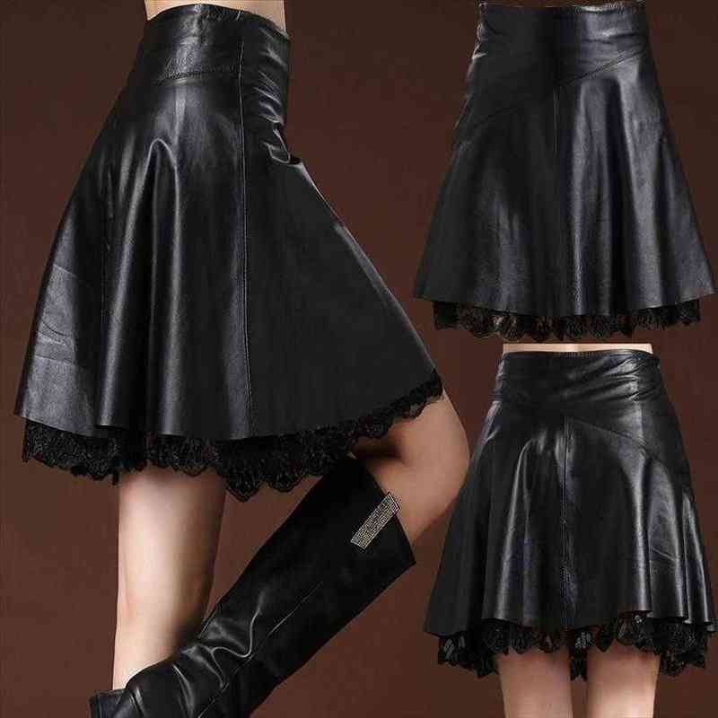 S 4xl Ins Spring Women Skirts Summer Black Lace Pu Leather Plus Size Casual Solid Korean Elastic Pleated Y2k Goth-image-714578053