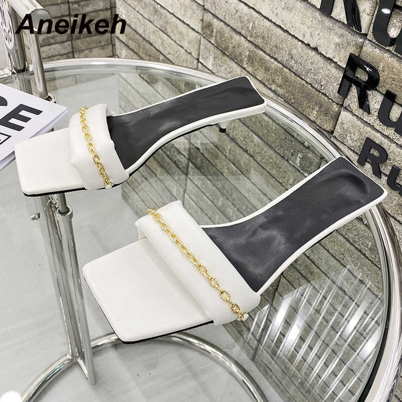 

Aneikeh Summer Fashion Women's Low Slippers PU Metal Decoration Chain Slides Solid Outside Thin Heels Leisure Shallow White 210615, Black