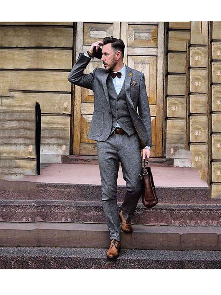 

Men's Suits & Blazers More recent models men's suits of gray tweed winter jacket formal business fine fitting hombre 3 parts suit, Picture style3