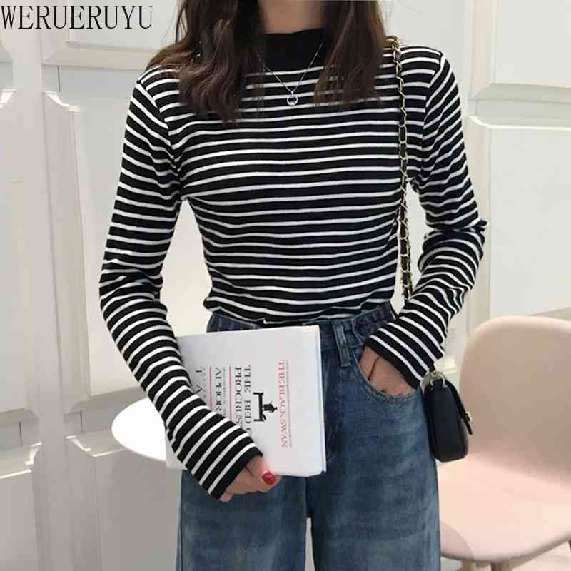 

WERUERUYU Autumn And Winter High Elastic Women's Bottoming Shirt Half High Collar Stripe Long Sleeve T-shirt Simple Sweater 210608, Photo color