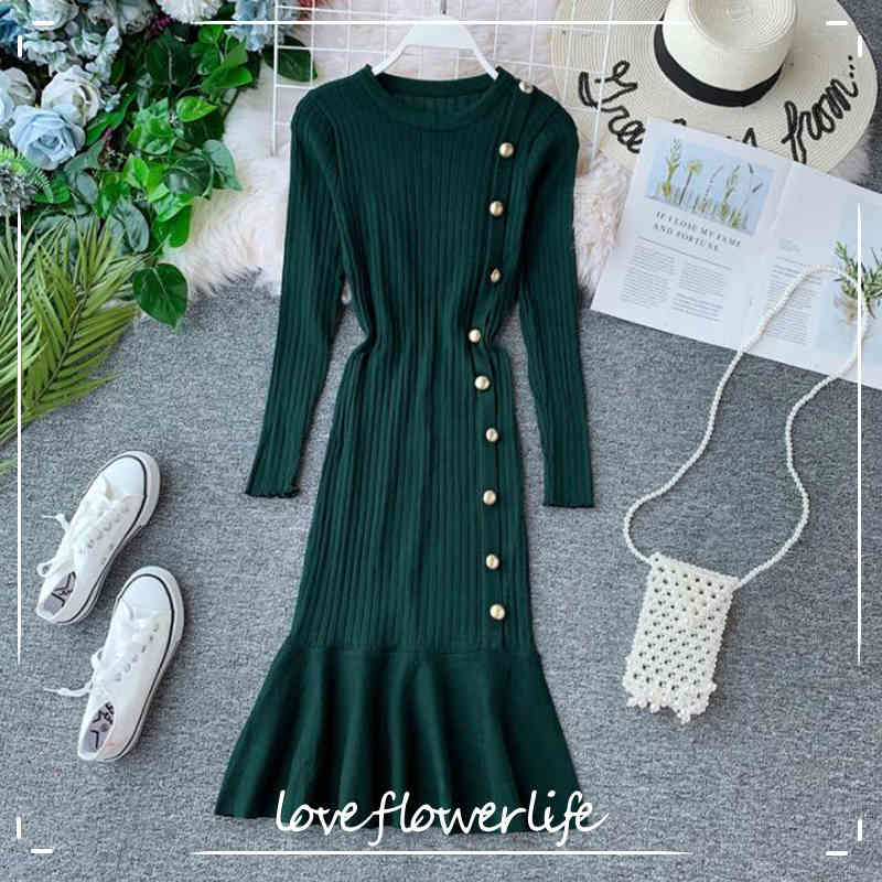 

Knitted Women Sweater Dress Autumn Winter Long Sleeve Elastic Slim Button Bottoming Dress Female Sexy Fish Tail Knit Dress 210521, Gray