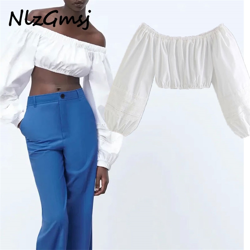

Blouse Women Sexy Off Shoulder Pleats Short White Shirt Female Embroidery Casual Lady Crop Tops Blusas 03 210628, As picture