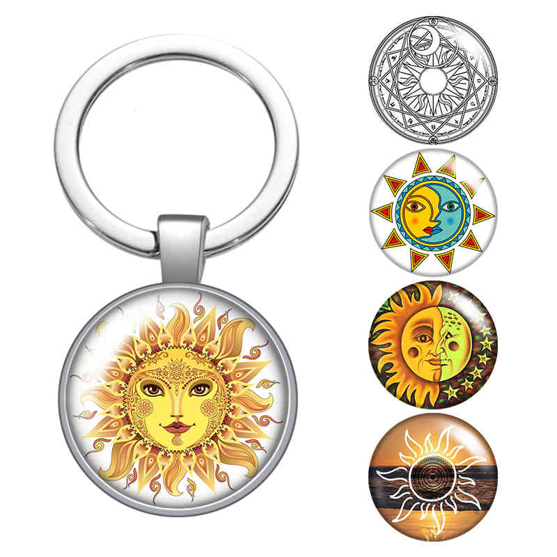 

Sun&moon Stars Beauty Glass Cabochon Keychain Bag Car Key Chain Ring Holder Charms Silver Color Keychains Men Women Gifts