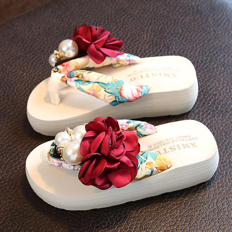

Slipper Girls Beach Slippers Children Floral Women Home Shoes Kids Fashion Thong Flip Flops Pearl Summer Comfortable, Red1