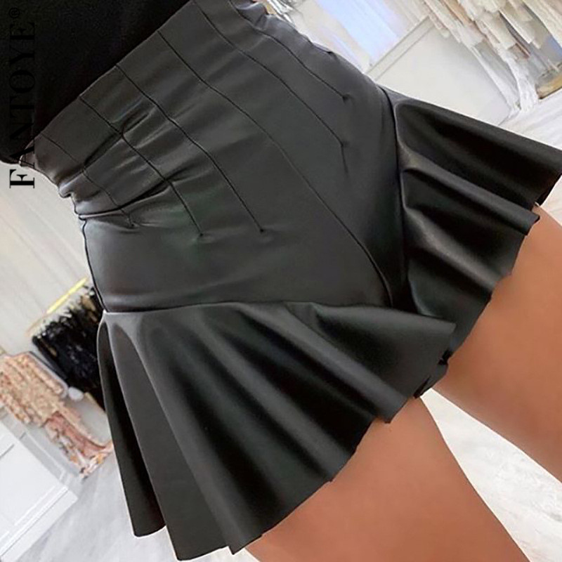 

FANTOYE PU High Waist Shorts Women New Black Ruffles Fashion Wide Leg Skirt Shorts Casual Mini Ladies Shorts Skirts Streetwear