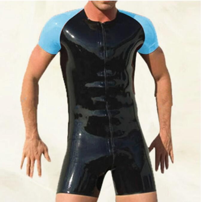 

PVC Faux Leather Catsuit Costumes Lake Blue and black Latex men Tights Bodysuit Simple jumpsuits Cool Suit double Front Crotch Zipper
