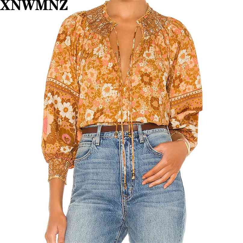 

women pleated collar blouse with bow Female girls Bohemia lantern sleeves ruffled elastic cuffs Printed shirt chic 210520, Orange