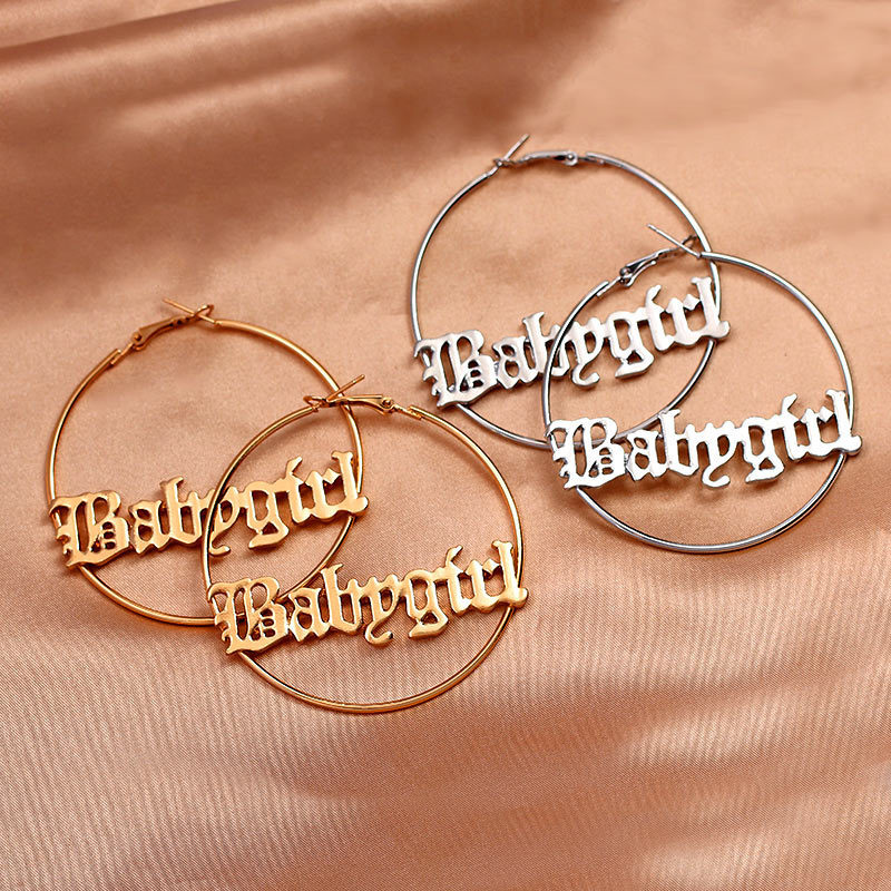 

yutong Flatfoosie Punk Hip-hop Hyperbole Big Circle Hoop Earrings Gold Silver Color Babygirl Letter Women Fashion Jewelry