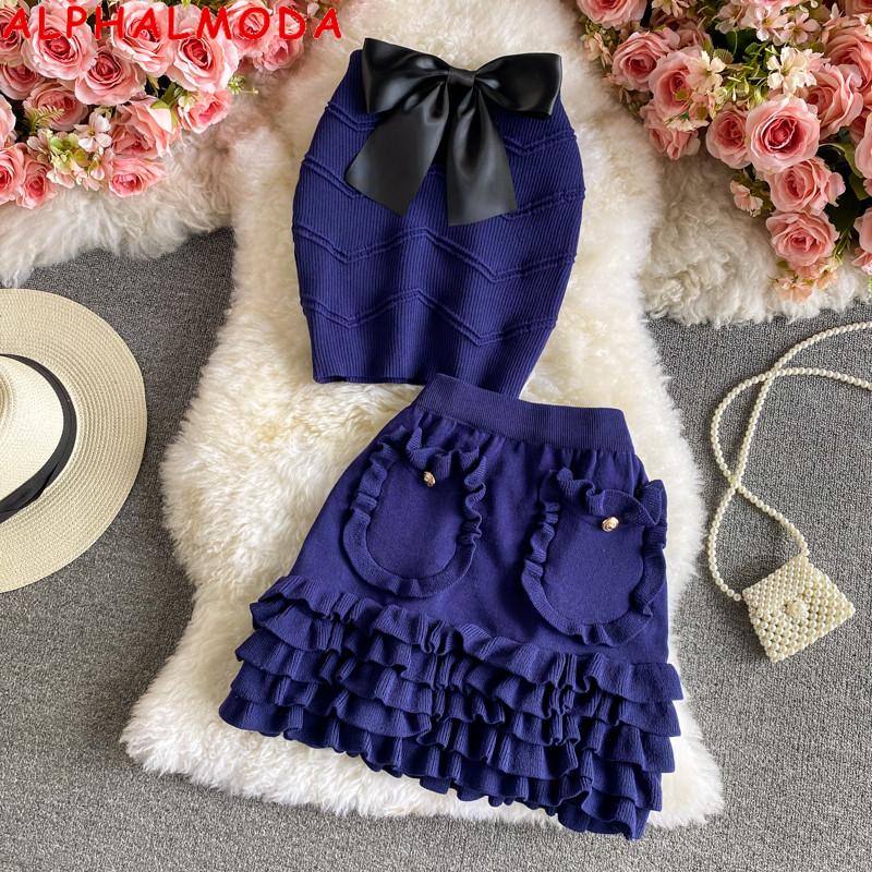 

Women's Tracksuits ALPHALMODA 2021 Sexy Bowknot Brassiere Knitted Top Ruffled Details Mini Skirt Women Chic 2pcs Suits Summer Set, Blue