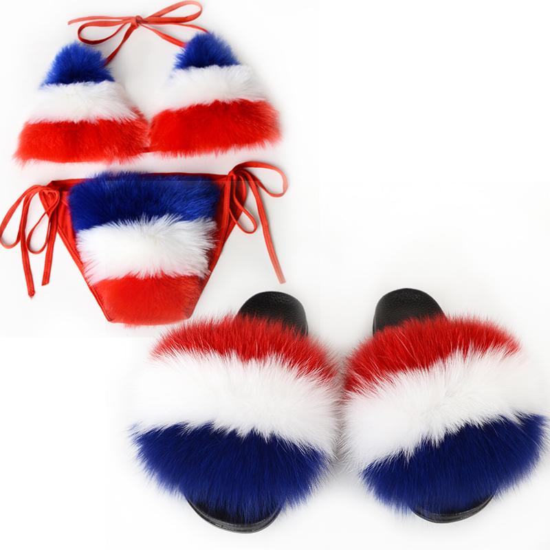 

Slippers Women Winter Fur Slides Fluffy Sexy Bikini Bra Sets Real Underwear Rainbow, Black