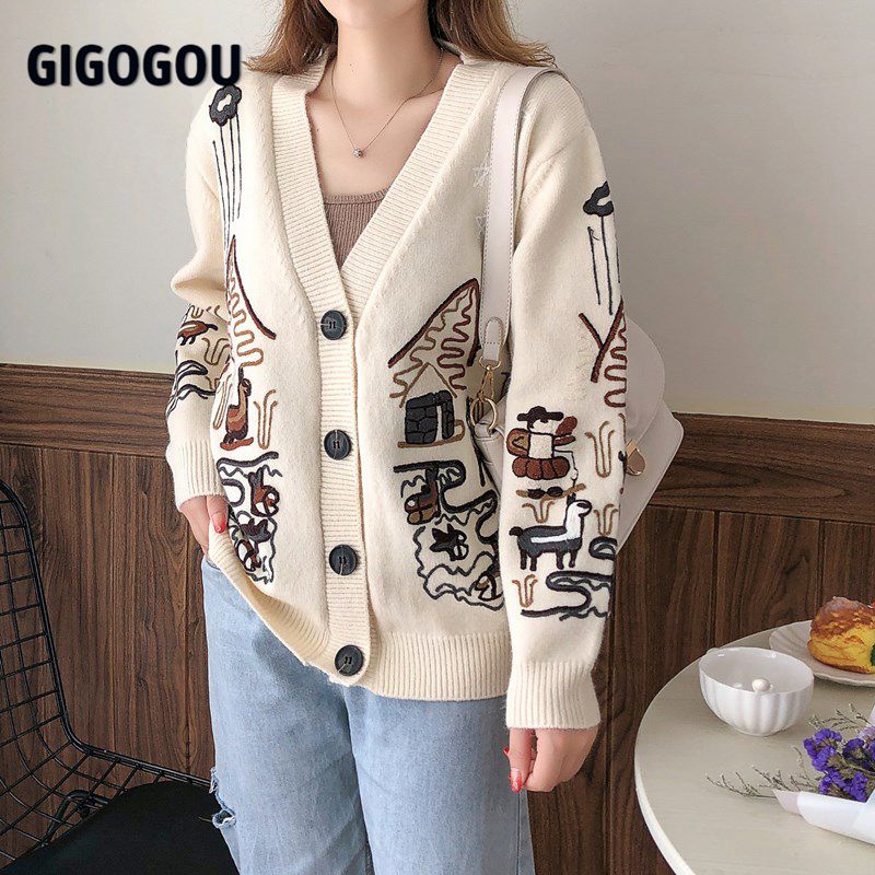 

gigogou oversized women cardigan sweater spring autumn long sleeve knitted cardigan outwear embroidery coat for women jumper top, Black