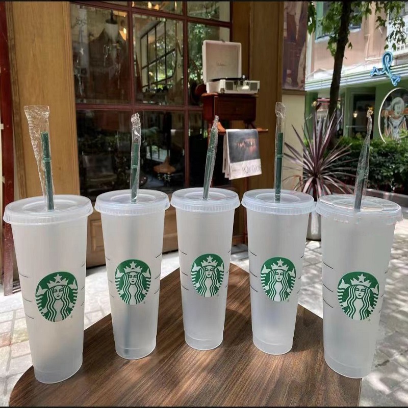 

50 pieces of Starbucks Tumbler Reusable Frosted 24 oz Cold Cup with Lid and Green Straw pink starbuck Color Changing Water mugs Cute Rainbow PP Material summer, As a picture