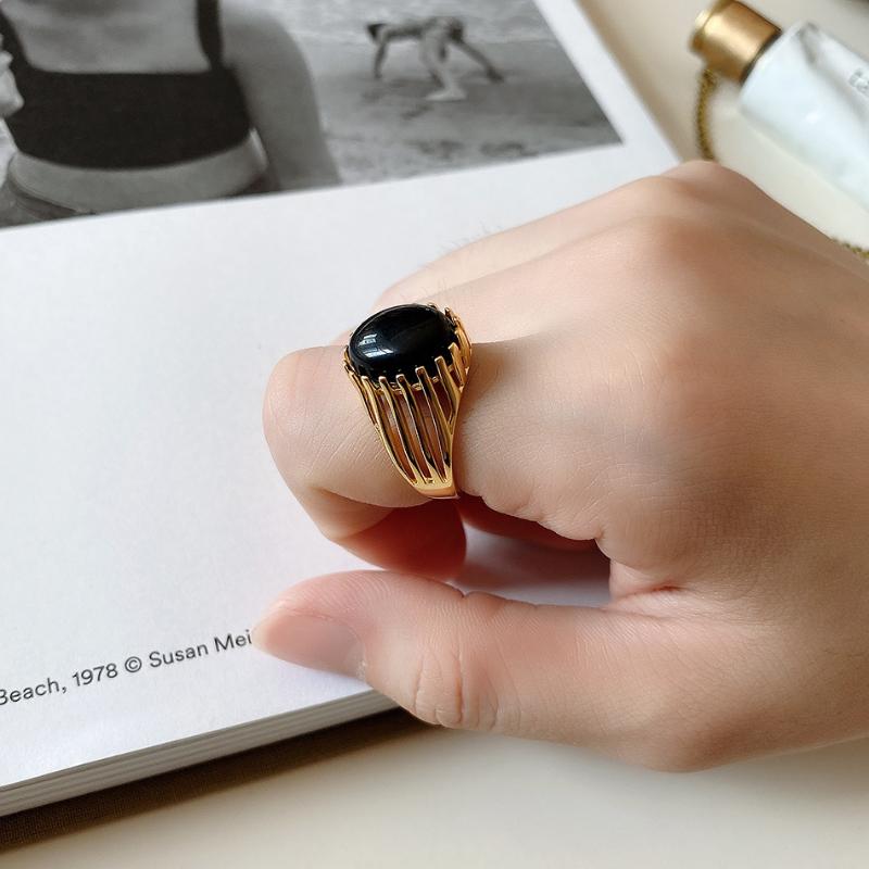 

Cluster Rings XIHA Real 925 Sterling Silver For Women Oval Black Agate Stone Resizable 18K Gold Jewelry Party Boho Accessories
