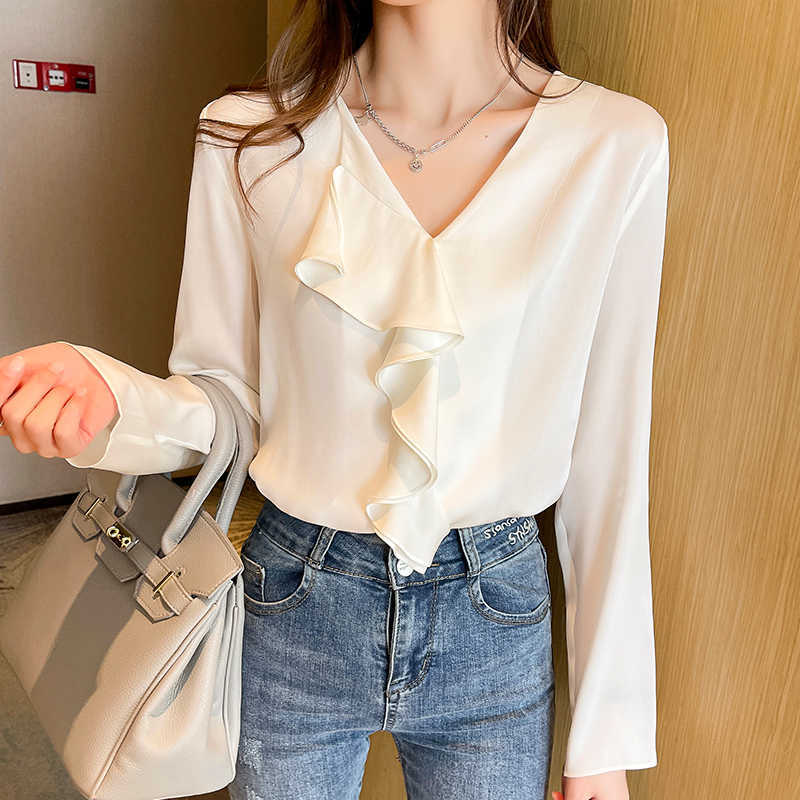 

Korean Women White Shirt Chiffon Blouses for Long Sleeve  Woman Ruffles Blouse Tops Plus Size V Neck Top 210604, Black
