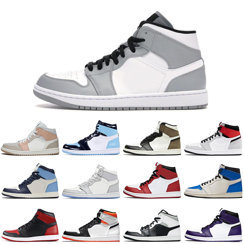 

jordan1shoes Basketball shoes Men Women airjordanretro 1s mid light smoke grey University Blue Dark Mocha patent bred aj1 retro Outdoor Sports Sneakers, 39