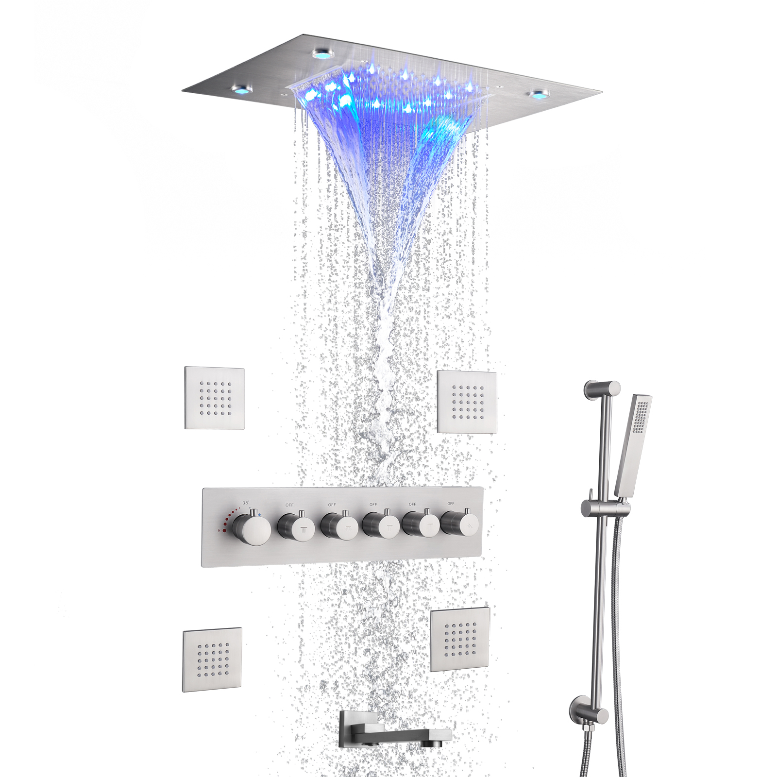 

Thermostatic Brushed Rain Shower Faucet System Bathroom Mixer Set Ceil Mounted 14 X 20 Inch LED Waterfall Rainfall Shower Head