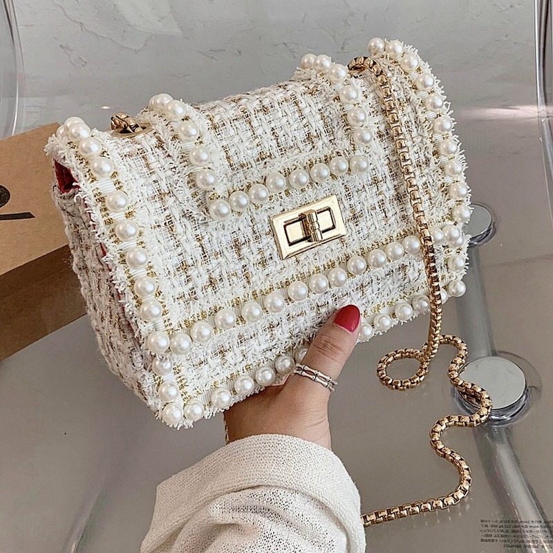 

Simple Woolen Pearl Chain Mini Bag Womens Bag 2021 New Style Womens All-match Shoulder/Crossbody Bag Square Sling Women