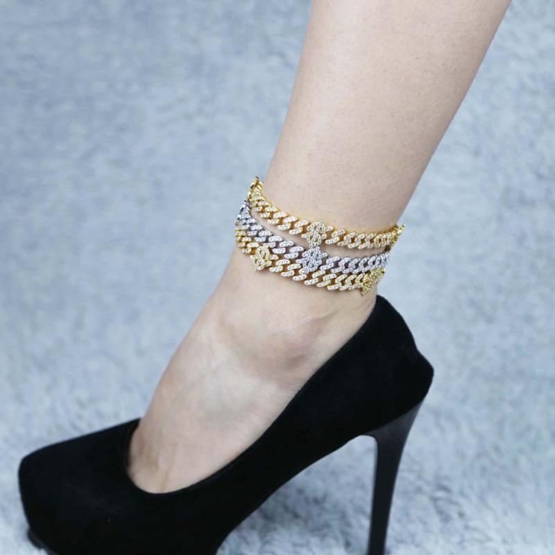 

Anklets 2022 Hip Hop Iced Out Bling 5A Cubic Zirconia CZ US Dollar Sign Charm 10MM Cuban Chain Anklet Bracelets For Women Party Jewelry, Red;blue