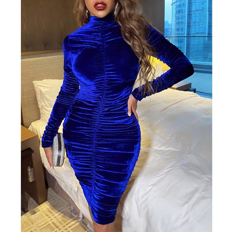 

New Fashion Vintage Women Winter Midi Dresses Velvet Mock Neck Ruched Bodycon Dress X0320, Packing bag