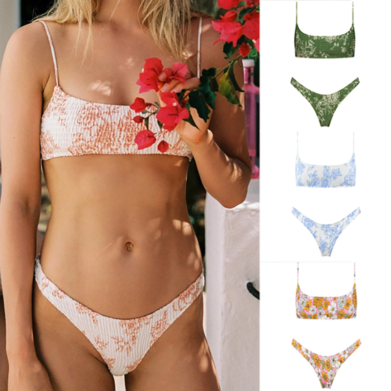 Sexy Bandeau Push Up Bikini Set Spaghetti Strap Two Piece Swimsuit Ruched Bikinis Women Swimwear Floral Bathing Suit Beach Wear-image-686537565
