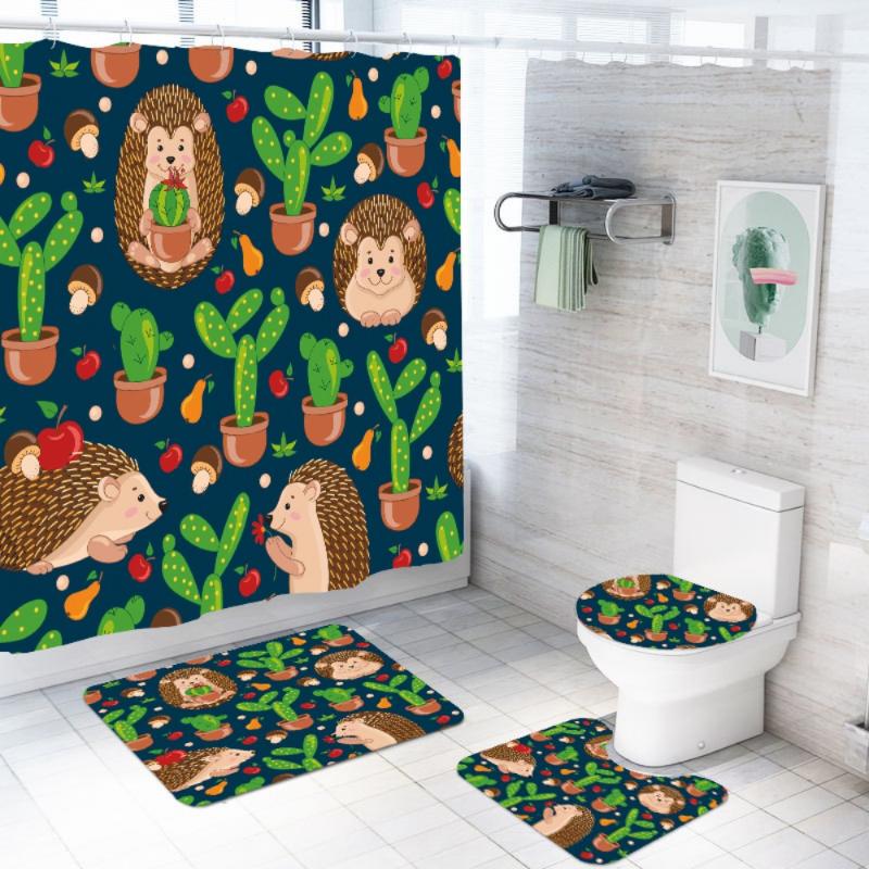 

3/4 Pieces Hedgehog/Cactus Bathroom Curtains Sets Cartoon Animal Shower Curtain Toilet Lid And Bath Mat For