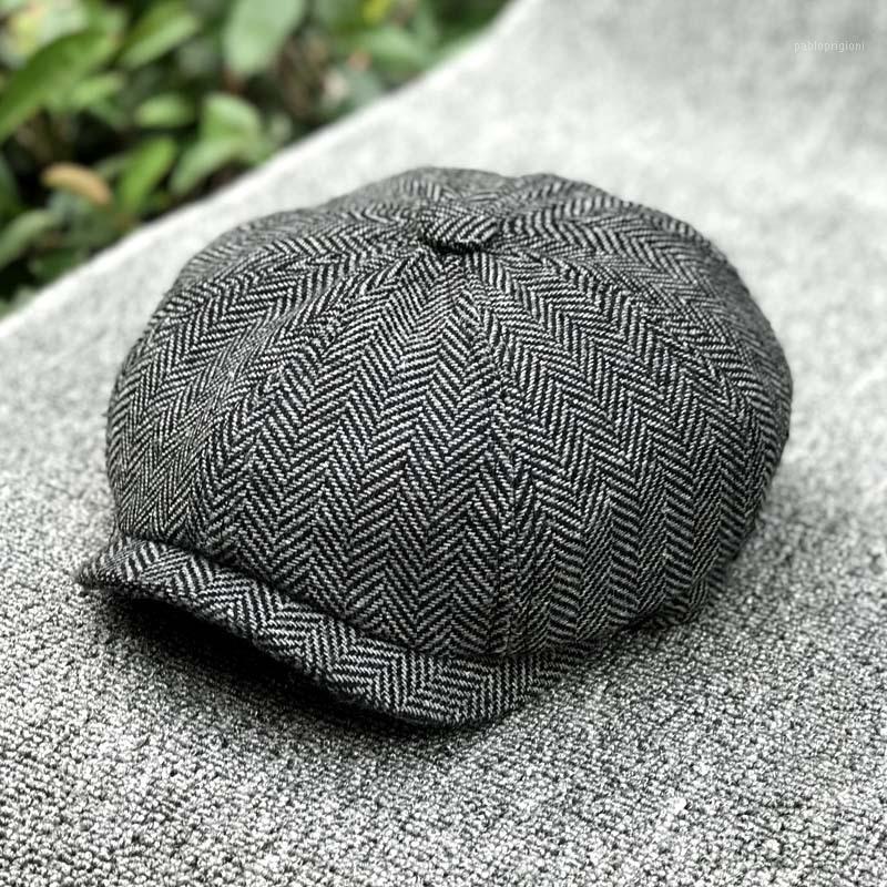 

Berets 2021 Xiaobei Striped Octagonal Cap Autumn And Winter Sboy British Retro Men's Plaid Peaked Beret, Dark brown