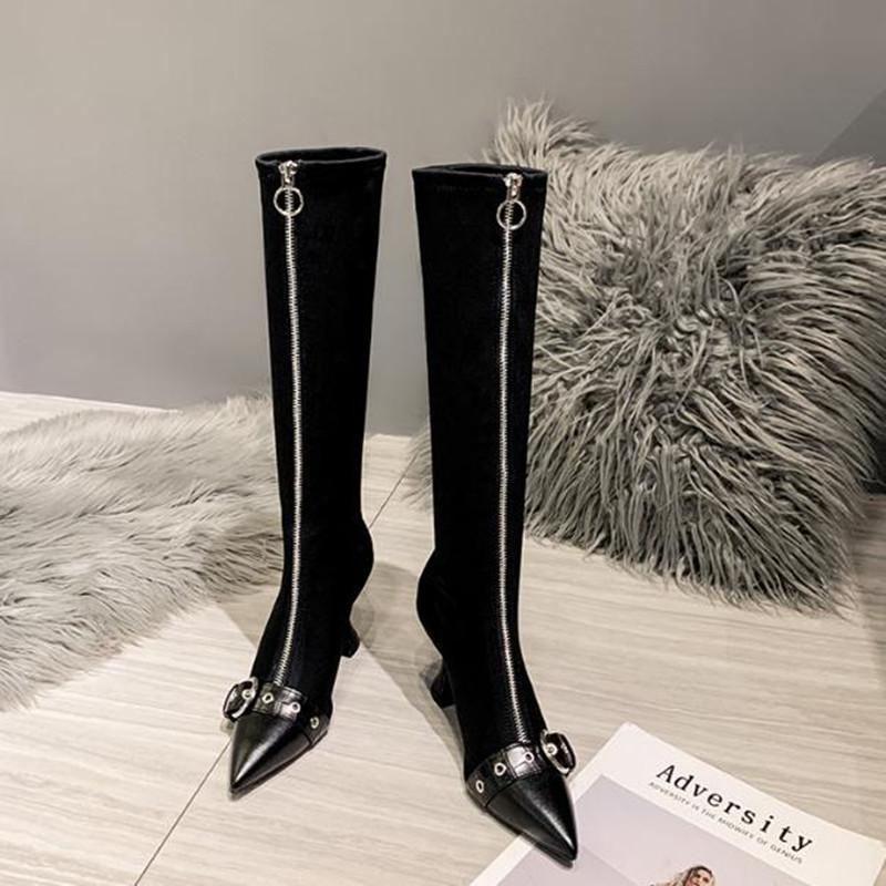 

Boots Fashion Black High Heel Stretch Spring Front Zipper Metal Buckle Women's Pointed Stiletto Ladies, Black 7cm