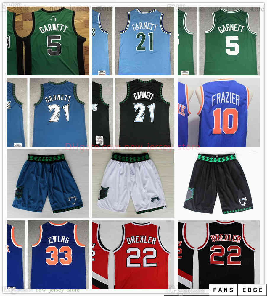 

Retro Baskeball 5 Kevin 21 Garnett Jersey Shorts Vintage Stitched 33 Patrick 10 Walt Ewing Frazier Clyde 22 Drexler Jerseys Blue Black White, As the picture