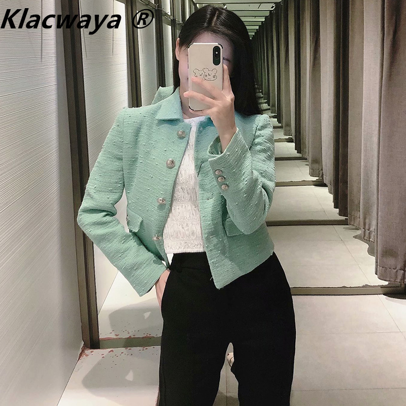 

Women's Spring Coat Lapel Single-Breasted Long-Sleeved Pocket Decorated Temperament Short Texture Top 210521, Light green