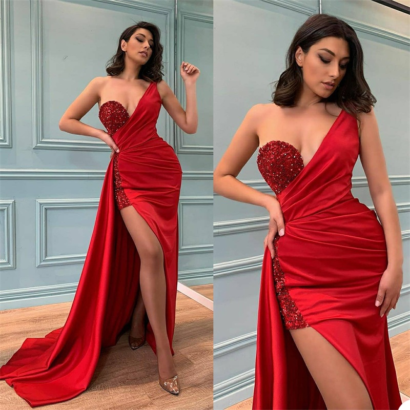 

Sexy Side Split Evening Dresses Glitter Beads Sequins Ruched Satin Mermaid Prom Dress Summer One Shoulder Robe de mariée Formal Party Pageant Gowns, Light yellow