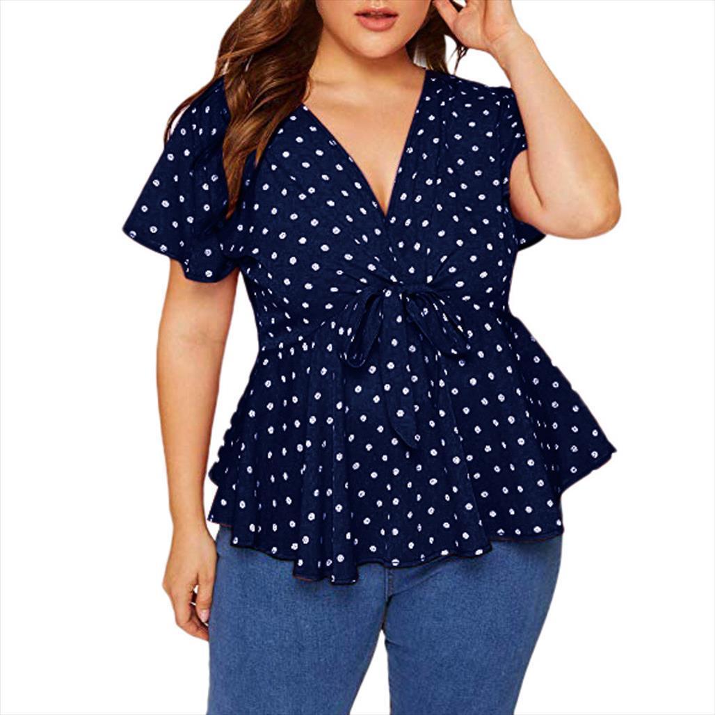 

plus size polka dot women shirt bow v neck short sleeve knot front blouse female clothing, White