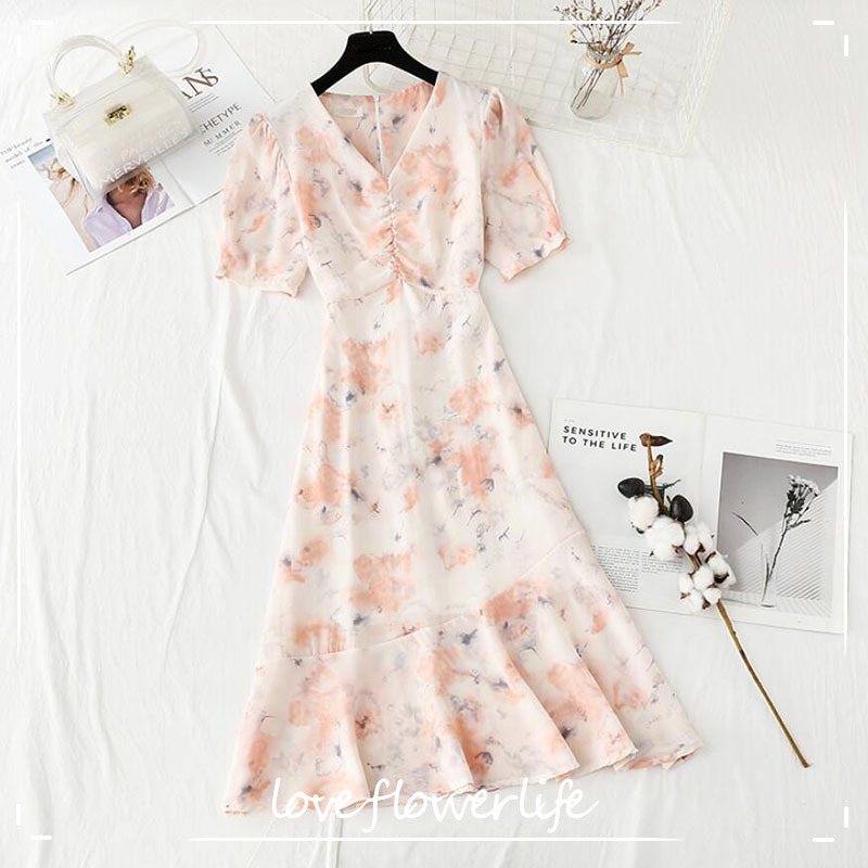 

Women Floral Print Summer Dress Sweet V-neck Ruffle Party Dress Women's Slim Short Sleeve Boho Midi Dresses 210521, Sky blue