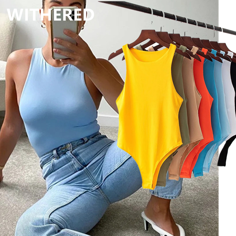 

Withered summer bodysuits women ins fashion blogger england high street candy color sexy sheath sleeveless bodysuits women tops, Beige
