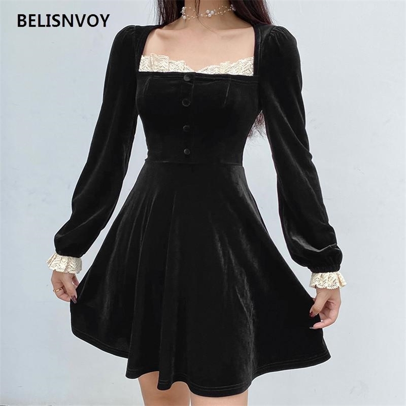 

Velvet Vintage Mini Dresses Lace Patchwork Pleated Dress Gothic Square Collar With Long Sleeve Party Women Clubwear 210520, Black