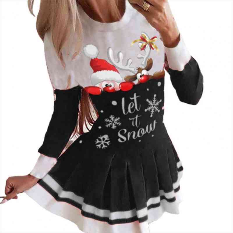 

christmas pleated round neck festive womens dresses patchwork deer print mini xmas year vestidos, Black;gray