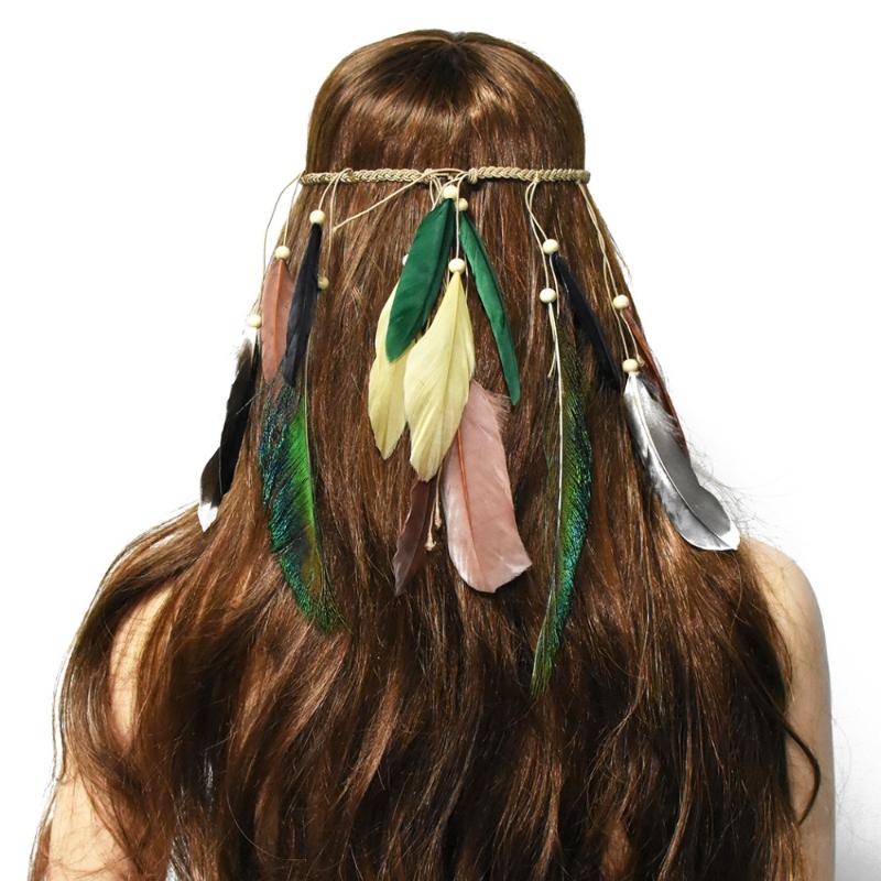 

Hair Clips & Barrettes 2021 Feather Headband Women Festival Wedding Headwear Gypsy Boho Peacock Rope Crown Headdress Accessories, Golden;silver