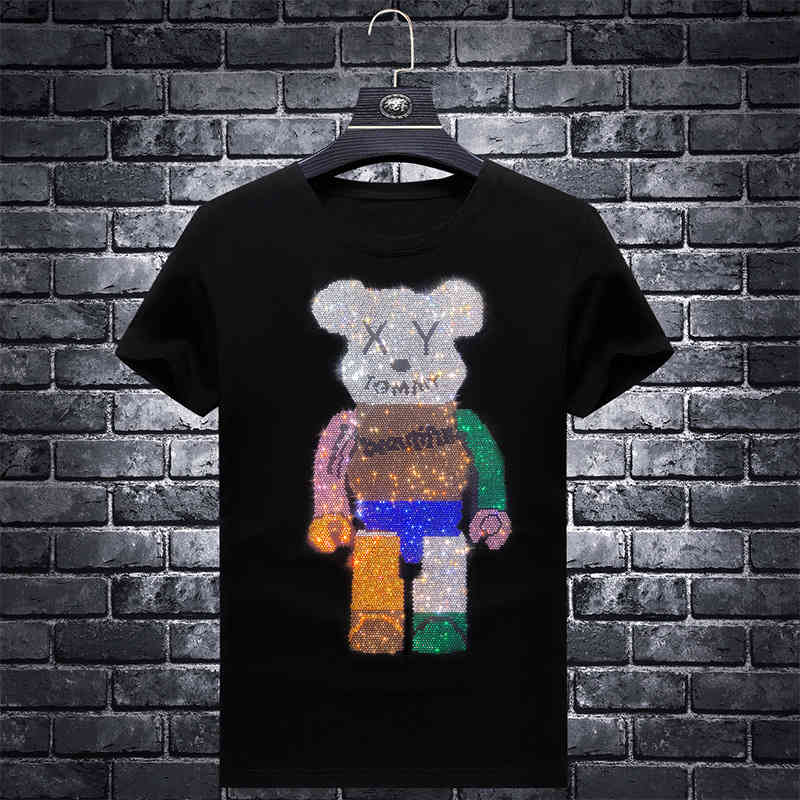 

fashion t shirt 2021 summer cartoon drill modal short sleeve men's trendy slim half crew neck, White;black