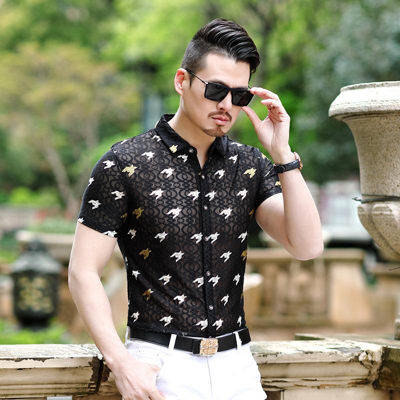 Chemises décontractées pour hommes évider hommes chemise en velours homme été à manches courtes maille soie mode Sexy imprimé fleuri mince hauts