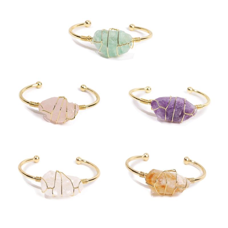 

Bangle Fashion Girls Women Metal Cuff Bracelets Gold-Color Wire Wrap Irregular Crystal Quartz Natural Stone Bangles Jewelry Gifts
