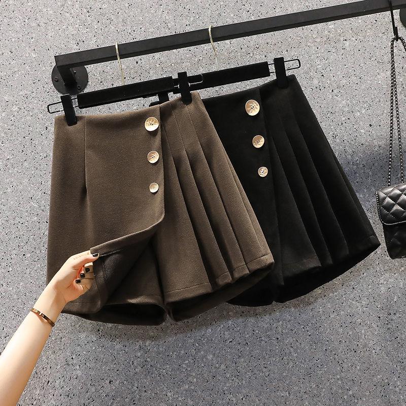 

Women's Shorts Women Autumn Winter Wool Pleated Skirts Korean Fashion Irregular A Line High Waisted Solid Skirt Package Hip R200, Black
