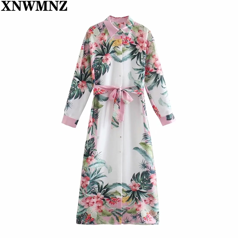 

Women Dress Fashion Print With Belt Shirt Midi Woman Elegant Robe Long Sleeve Button Casual Summer es 210520, Pink