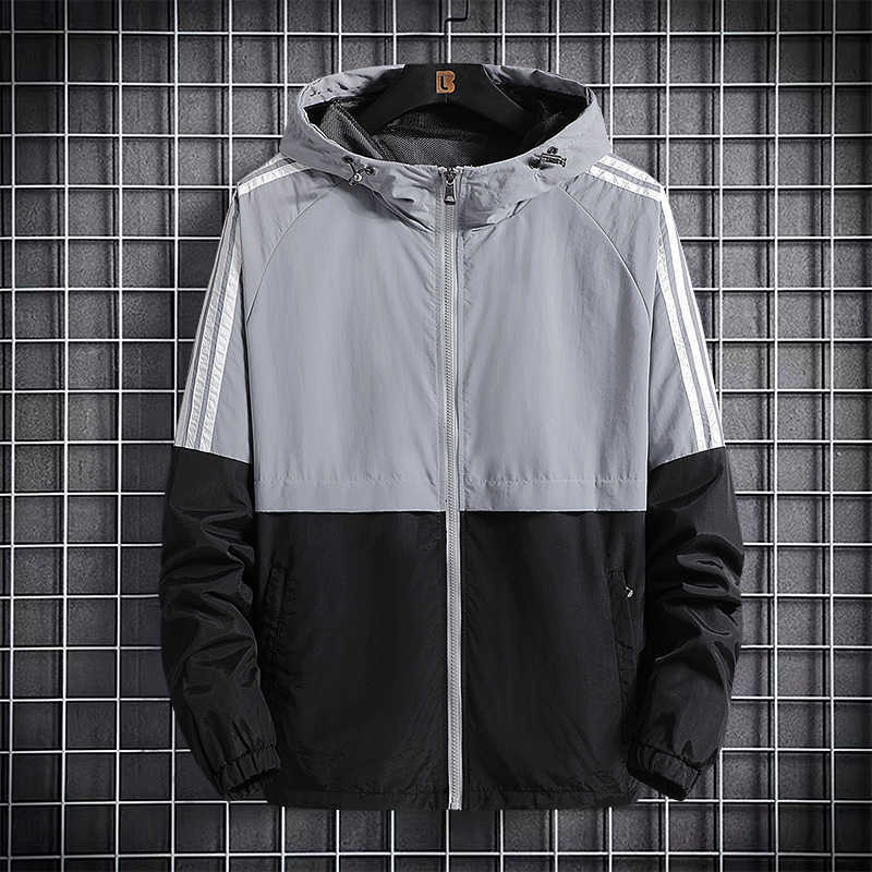 

New Spring Summer Bomber Hooded Jacket Men Casual Slim Patchwork Windbreaker Jacket Male Outwear Zipper Thin Coat Brand Clothing X0621, Black