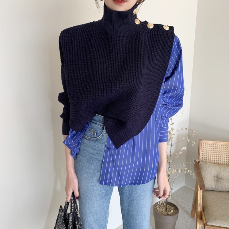 

Korean Autumn High Collar Side Buttons Fake Two-piece Shirt Stitching Striped Bubble Sleeve Chic Sweater Blue women 210518, Photo color