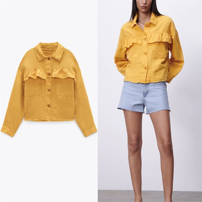 

Yellow Ruffle Shirt Women Long Sleeve Button Up Vintage Spring Shirts Female Chic Patch Pockets Frayed Hem Casual Top 210518