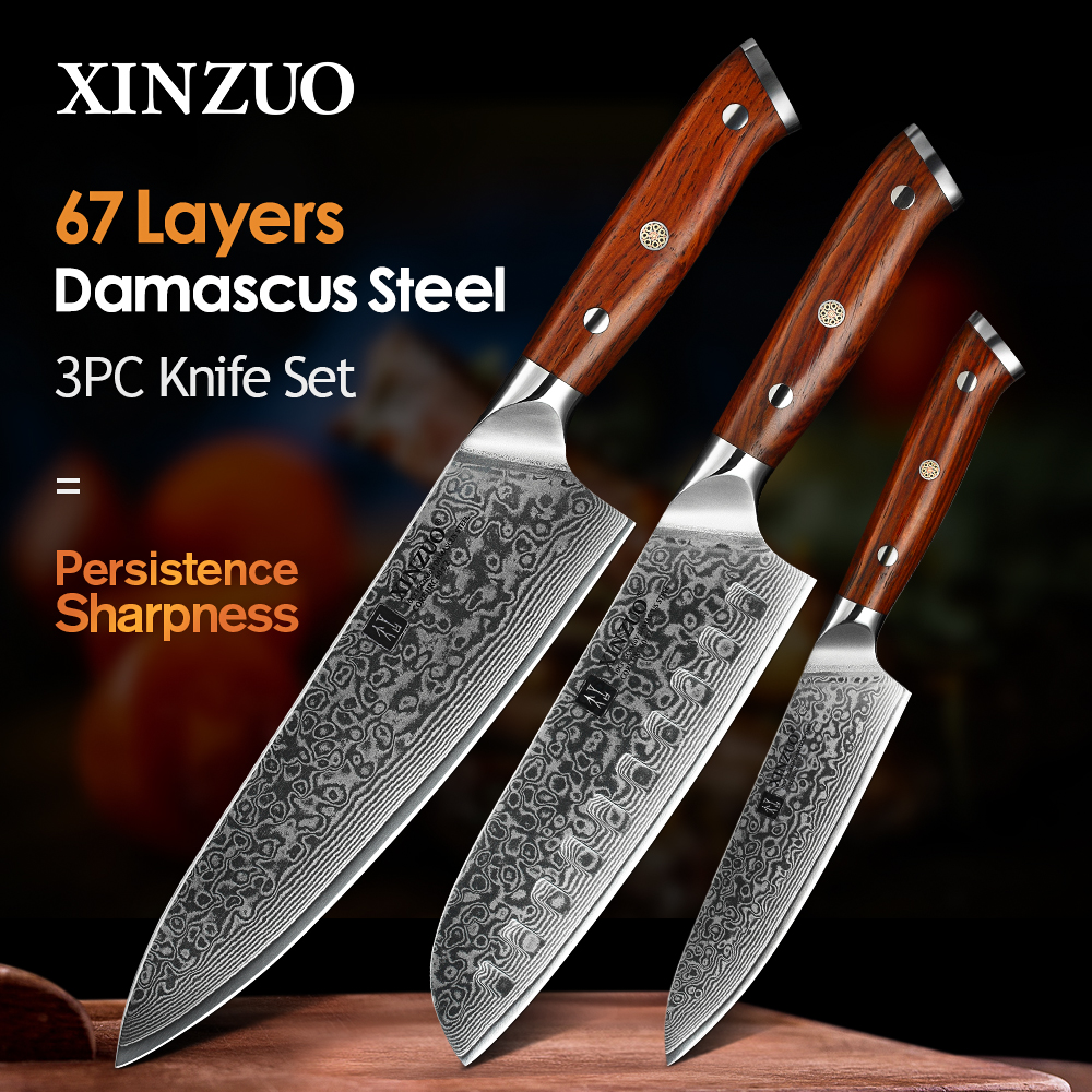 

XINZUO 1PCS or 3PCS Kitchen Knife Sets Japanese forged Damascus Stee Chef Santoku Knives Stainess Stee Rosewood Hande